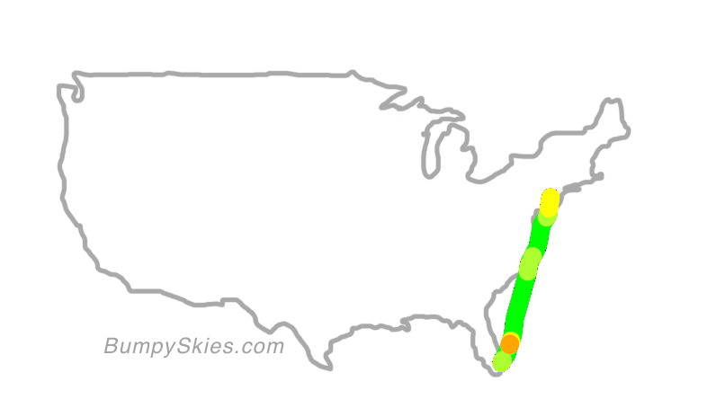 Map of continental US with illustrated flight path and turbulence forecast (described in text below)