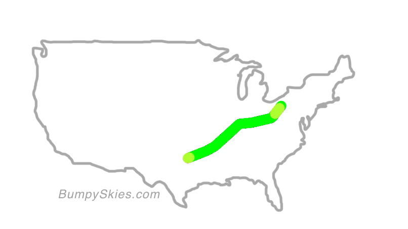 Map of continental US with illustrated flight path and turbulence forecast (described in text below)