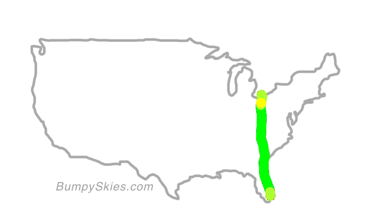 Map of continental US with illustrated flight path and turbulence forecast (described in text below)