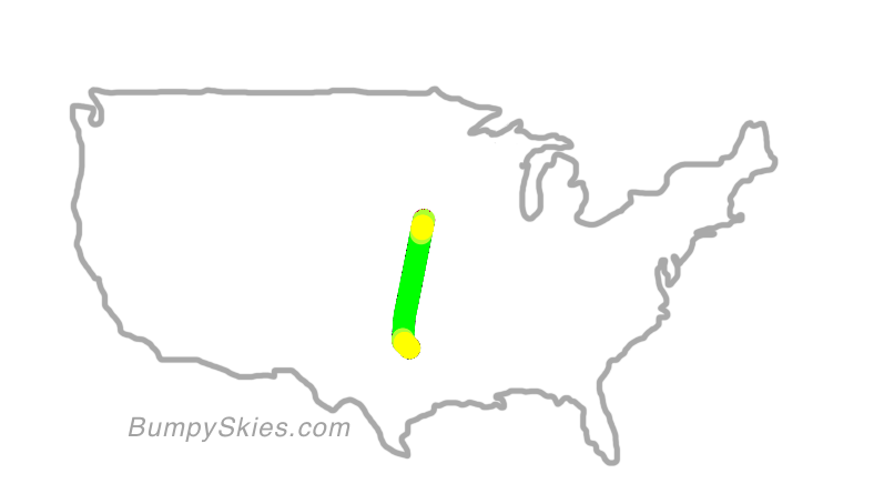 Map of continental US with illustrated flight path and turbulence forecast (described in text below)