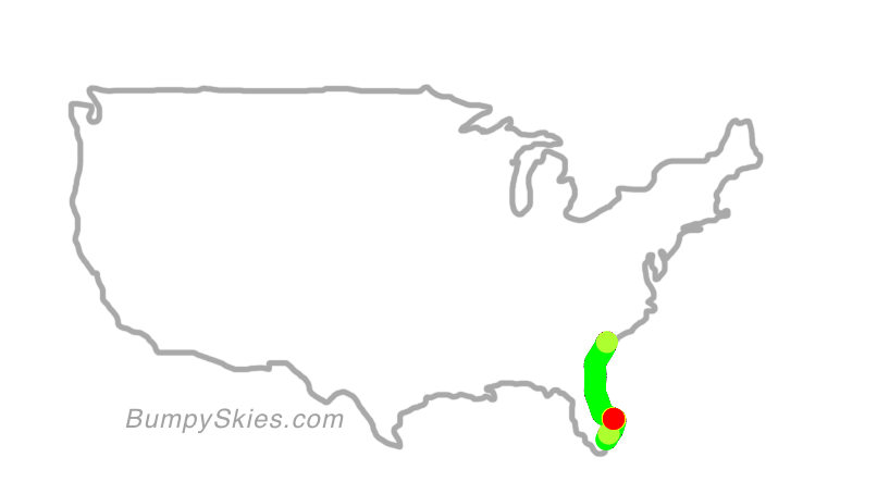 Map of continental US with illustrated flight path and turbulence forecast (described in text below)