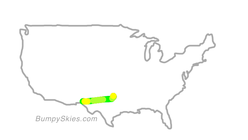 Map of continental US with illustrated flight path and turbulence forecast (described in text below)