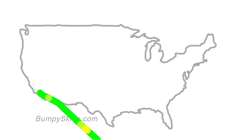 Map of continental US with illustrated flight path and turbulence forecast (described in text below)