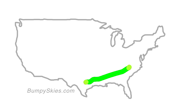 Map of continental US with illustrated flight path and turbulence forecast (described in text below)