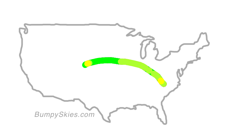 Map of continental US with illustrated flight path and turbulence forecast (described in text below)