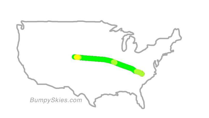 Map of continental US with illustrated flight path and turbulence forecast (described in text below)