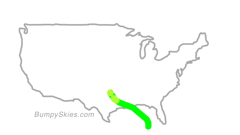 Map of continental US with illustrated flight path and turbulence forecast (described in text below)