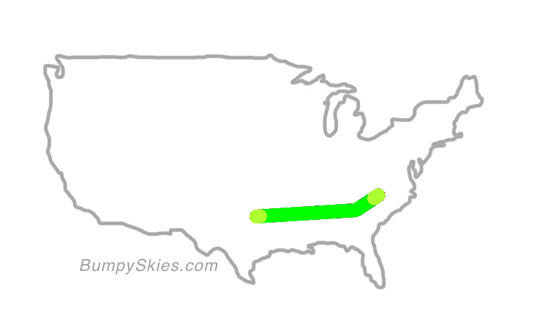 Map of continental US with illustrated flight path and turbulence forecast (described in text below)