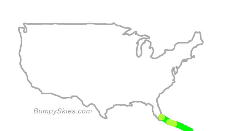 Map of continental US with illustrated flight path and turbulence forecast (described in text below)