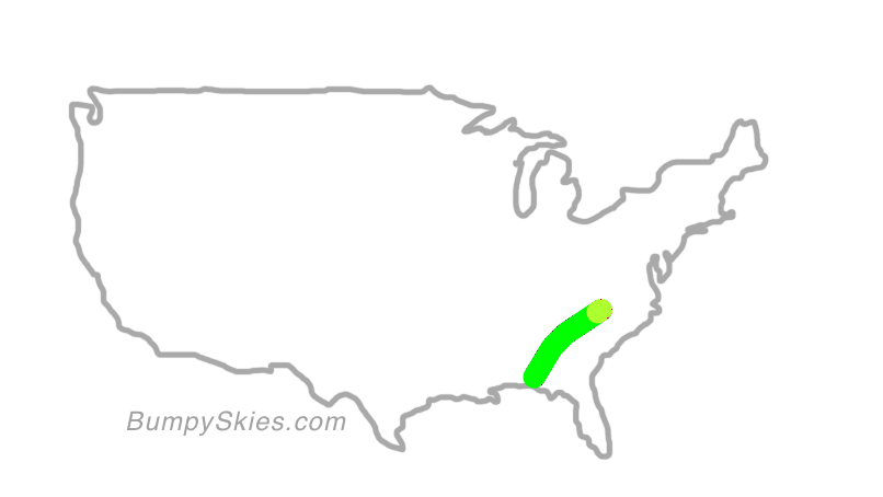 Map of continental US with illustrated flight path and turbulence forecast (described in text below)