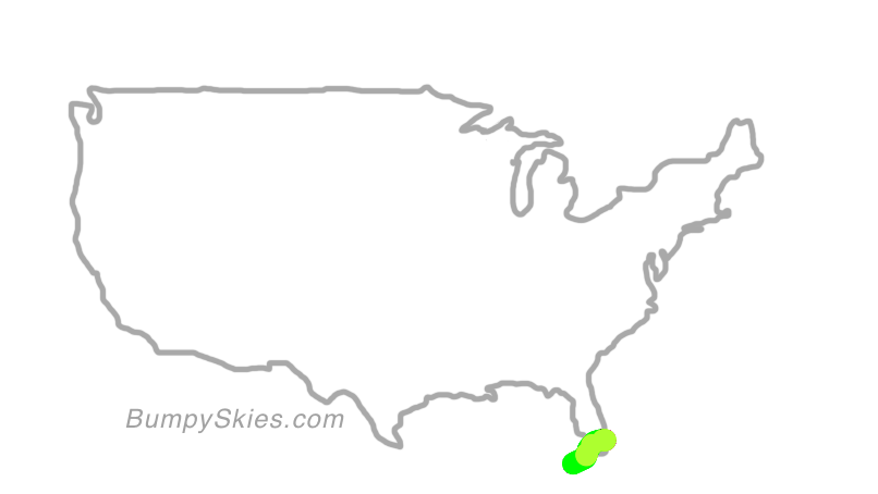 Map of continental US with illustrated flight path and turbulence forecast (described in text below)