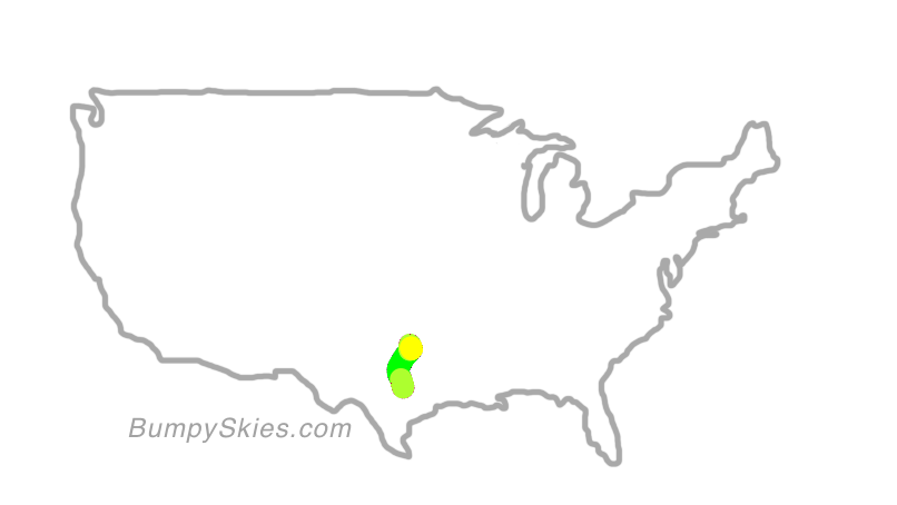 Map of continental US with illustrated flight path and turbulence forecast (described in text below)
