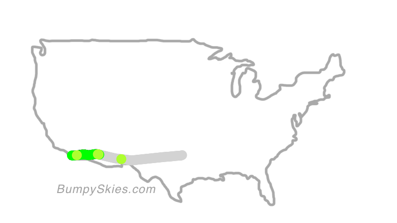 Map of continental US with illustrated flight path and turbulence forecast (described in text below)