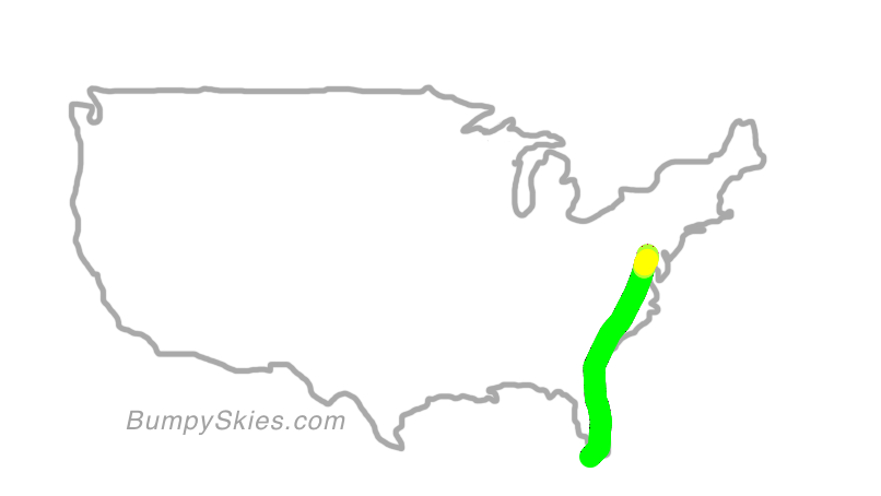 Map of continental US with illustrated flight path and turbulence forecast (described in text below)