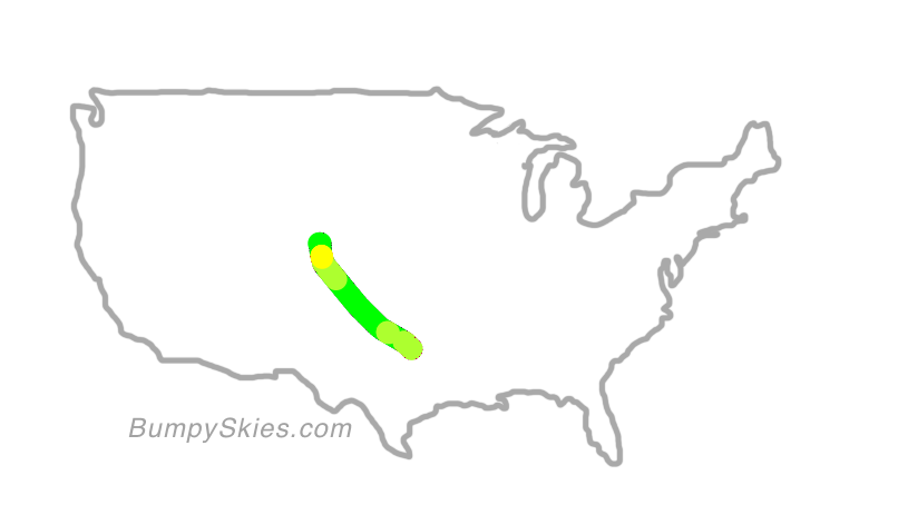 Map of continental US with illustrated flight path and turbulence forecast (described in text below)
