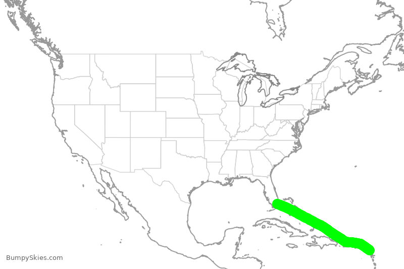 Turbulence forecast map for AAL2580, MIA to ANU