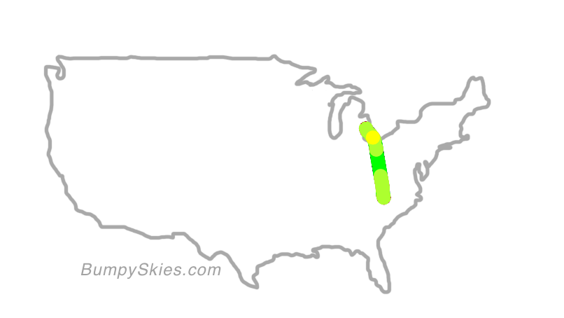 Map of continental US with illustrated flight path and turbulence forecast (described in text below)