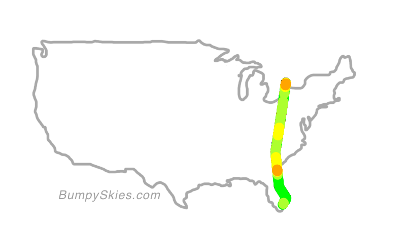 Map of continental US with illustrated flight path and turbulence forecast (described in text below)