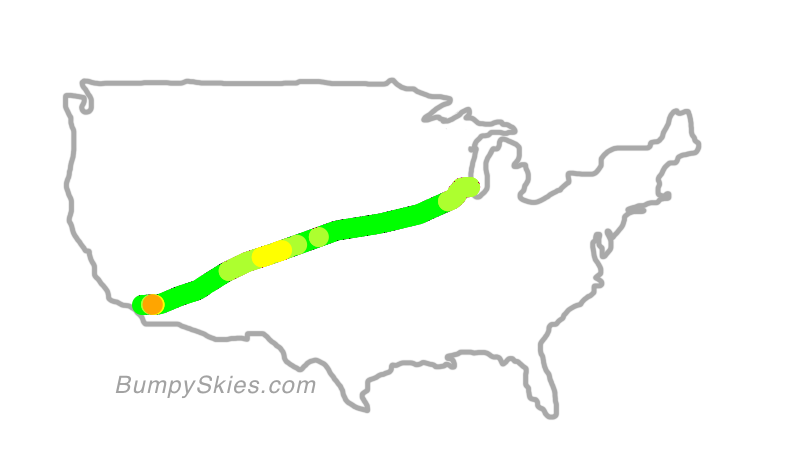 Map of continental US with illustrated flight path and turbulence forecast (described in text below)