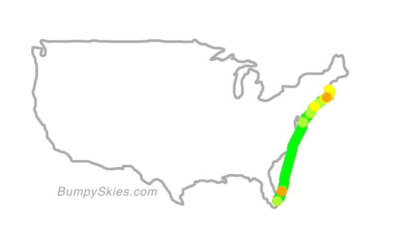 Map of continental US with illustrated flight path and turbulence forecast (described in text below)