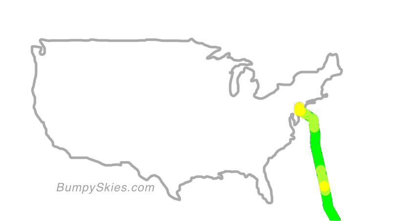 Map of continental US with illustrated flight path and turbulence forecast (described in text below)
