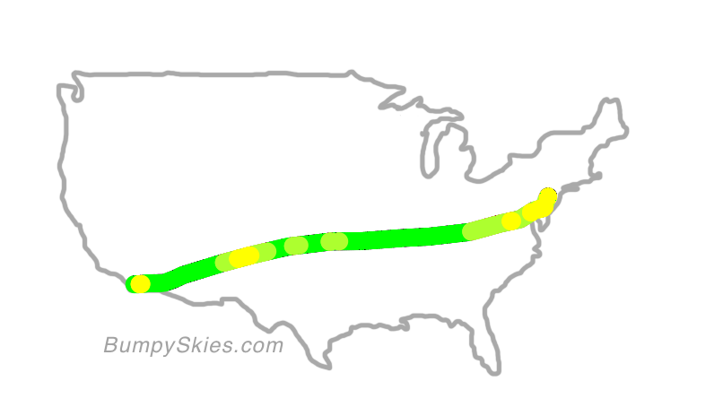 Map of continental US with illustrated flight path and turbulence forecast (described in text below)