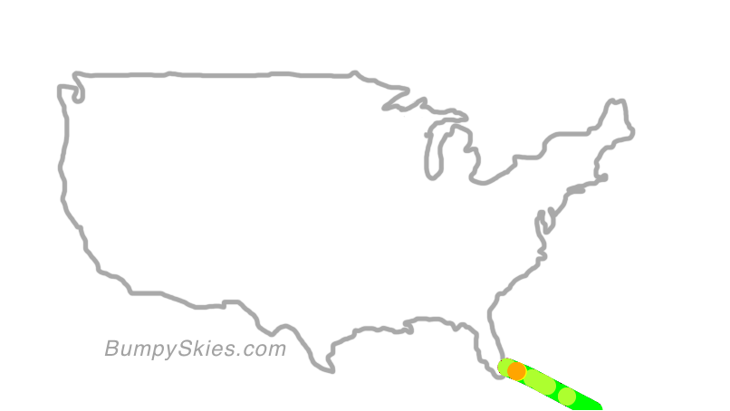 Map of continental US with illustrated flight path and turbulence forecast (described in text below)