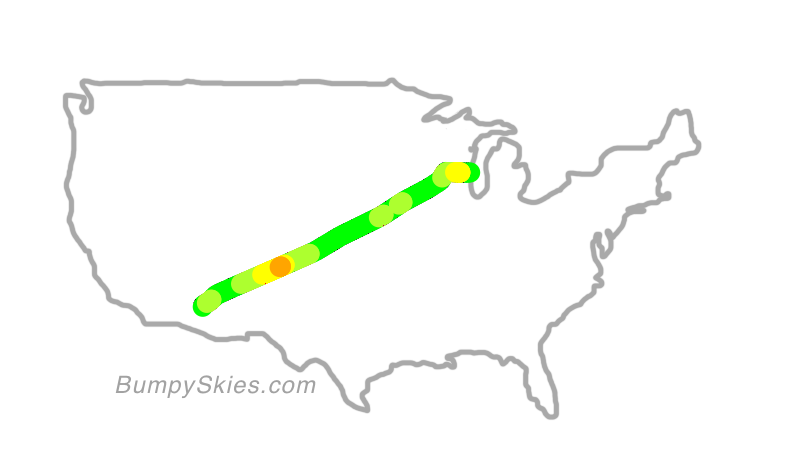 Map of continental US with illustrated flight path and turbulence forecast (described in text below)