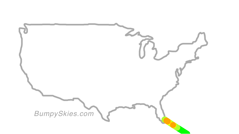 Map of continental US with illustrated flight path and turbulence forecast (described in text below)