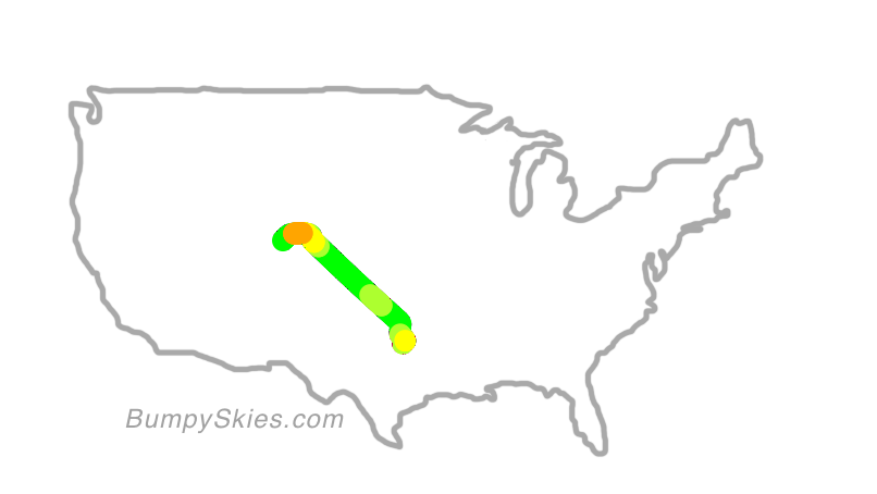 Map of continental US with illustrated flight path and turbulence forecast (described in text below)