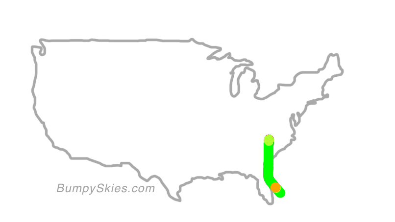 Map of continental US with illustrated flight path and turbulence forecast (described in text below)