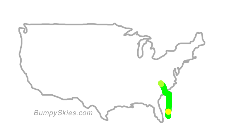 Map of continental US with illustrated flight path and turbulence forecast (described in text below)