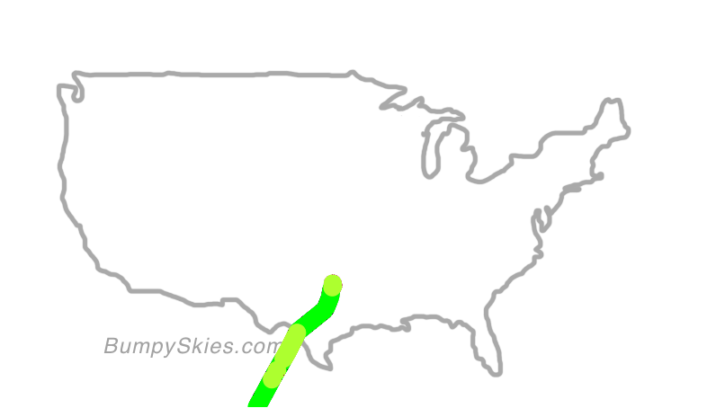 Map of continental US with illustrated flight path and turbulence forecast (described in text below)