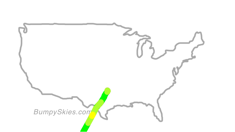 Map of continental US with illustrated flight path and turbulence forecast (described in text below)