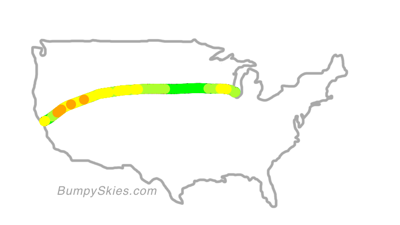 Map of continental US with illustrated flight path and turbulence forecast (described in text below)