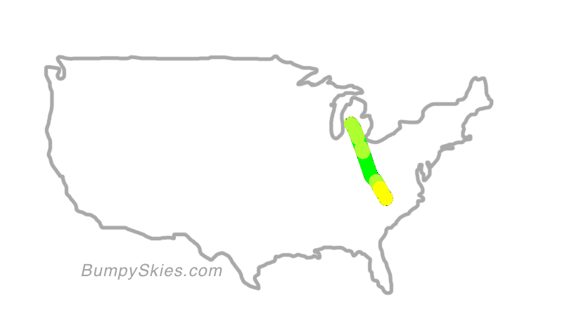Map of continental US with illustrated flight path and turbulence forecast (described in text below)