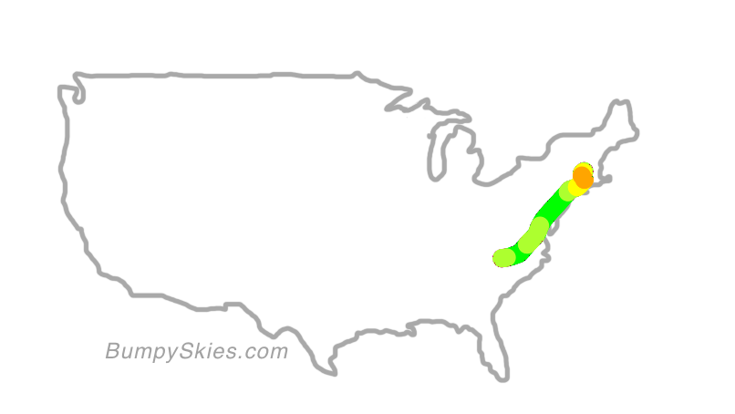 Map of continental US with illustrated flight path and turbulence forecast (described in text below)