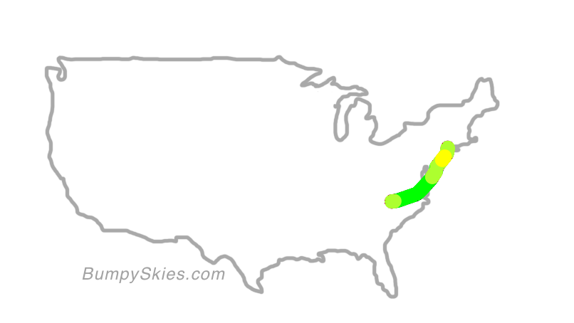 Map of continental US with illustrated flight path and turbulence forecast (described in text below)