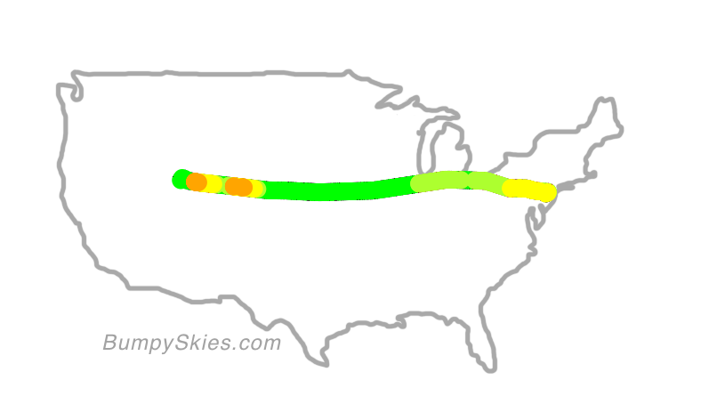 Map of continental US with illustrated flight path and turbulence forecast (described in text below)