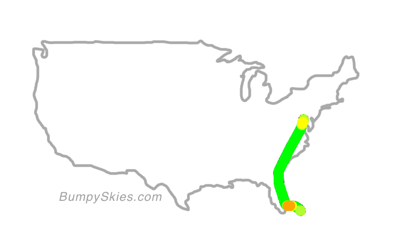 Map of continental US with illustrated flight path and turbulence forecast (described in text below)