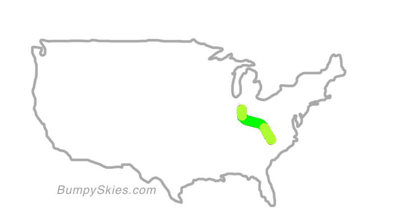 Map of continental US with illustrated flight path and turbulence forecast (described in text below)