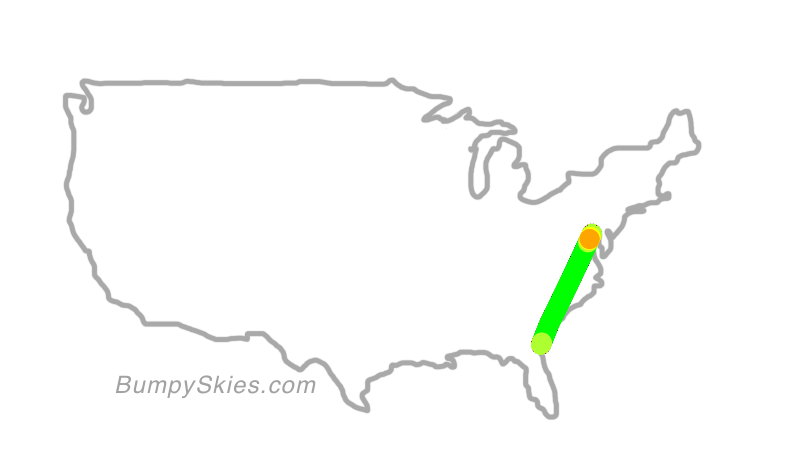 Map of continental US with illustrated flight path and turbulence forecast (described in text below)
