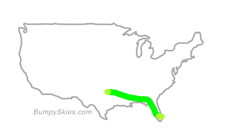 Map of continental US with illustrated flight path and turbulence forecast (described in text below)