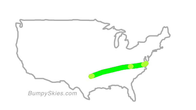 Map of continental US with illustrated flight path and turbulence forecast (described in text below)