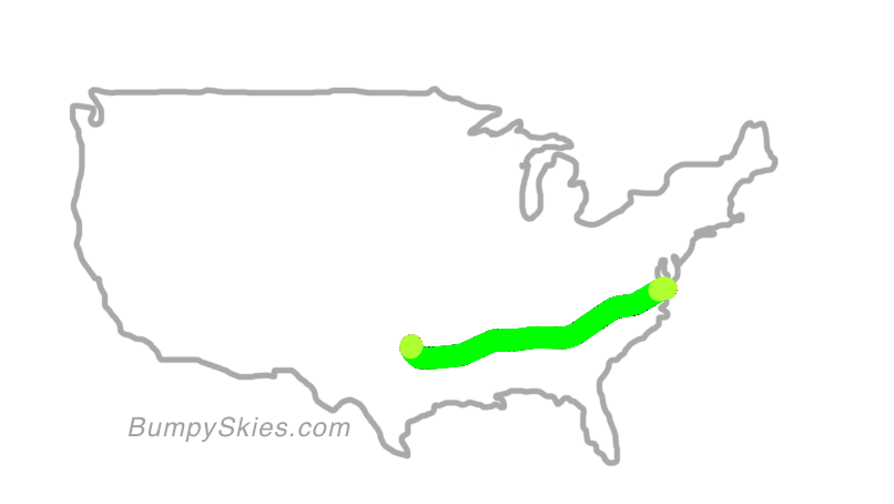 Map of continental US with illustrated flight path and turbulence forecast (described in text below)
