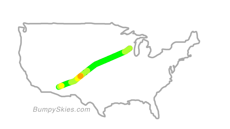 Map of continental US with illustrated flight path and turbulence forecast (described in text below)