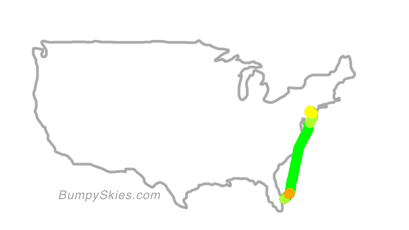 Map of continental US with illustrated flight path and turbulence forecast (described in text below)
