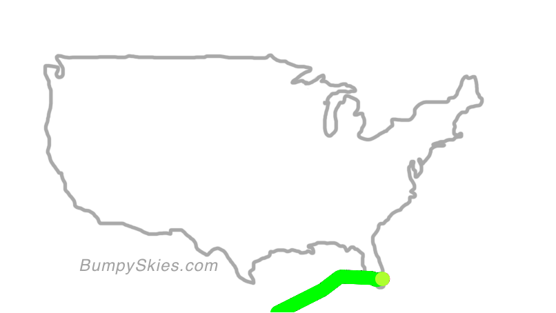 Map of continental US with illustrated flight path and turbulence forecast (described in text below)