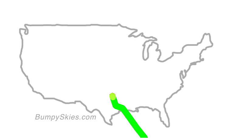 Map of continental US with illustrated flight path and turbulence forecast (described in text below)