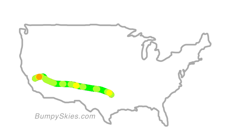 Map of continental US with illustrated flight path and turbulence forecast (described in text below)